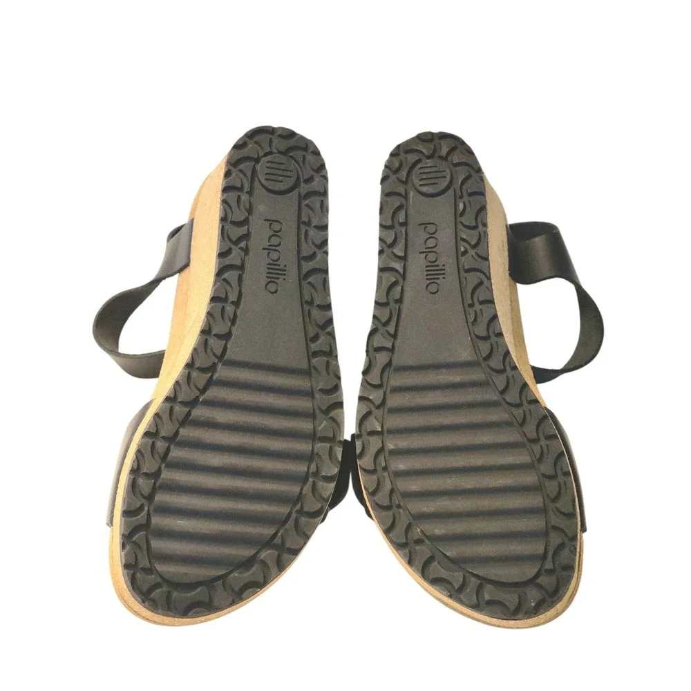 Papillio by Birkenstock Soley Black Leather Cork Slingback Wedge Sandals 38 7